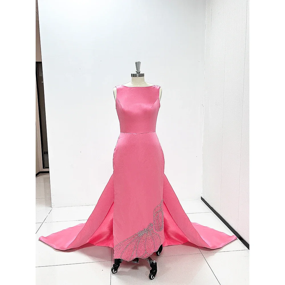 Elegant Women Evening Dresses Sleeveless Square Collar Ankle-Length Mermaid Beading Crystal Satin Prom Gown For Guest 2024