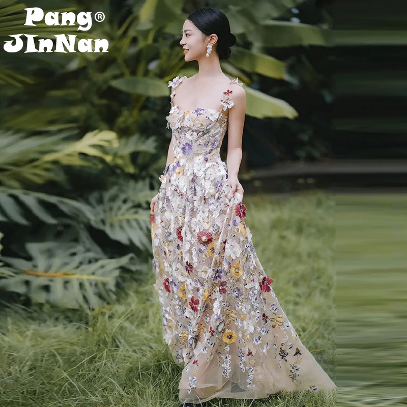 PJN Embroidery Flower Evening Party Dress Women 2025 Elegant Strap Long Vacation Graduation Gown Formal Wedding Banquet Dresses