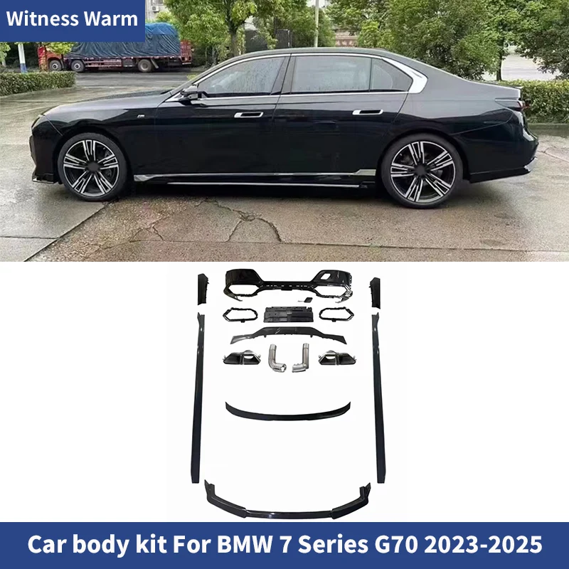 Pour BMW Série 7 G70 2023 ABS Noir/Aspect Carbone : Lame avant, diffuseur arrière, aileron, jupes latérales, embouts d'échappement, kit carrosserie M760 de relooking