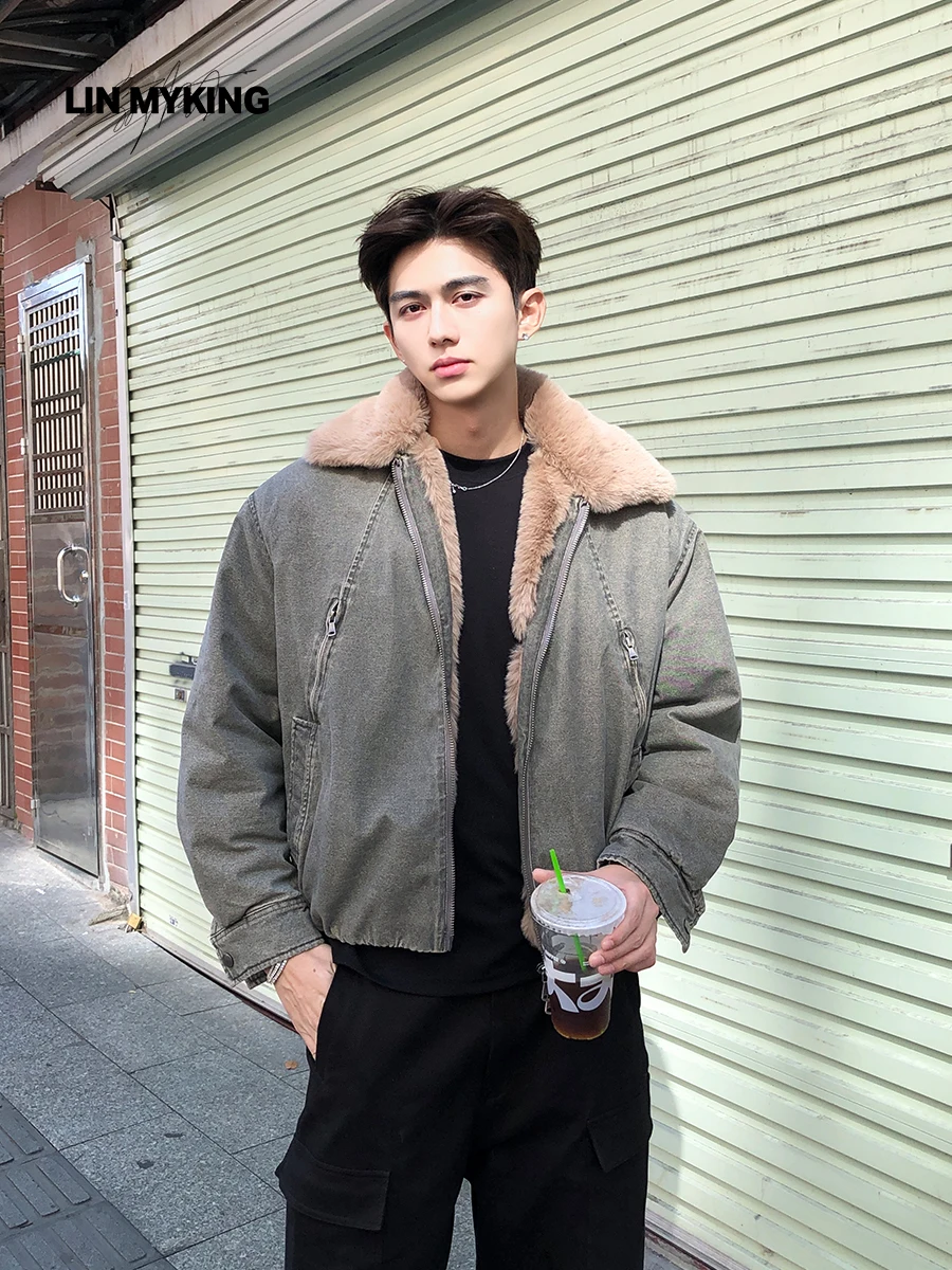 

Lin Mykin American Retro Thiened Cotton Jaet with Fur Collar Inner Rabbit Fur Denim Winter Coat for Men Warm Casual Sle