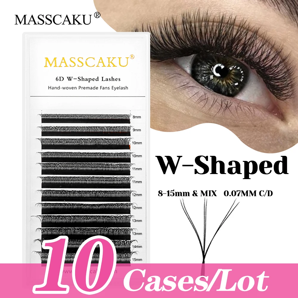 

10cases/lot MASSCAKU 12 Lines Matte Dark Black Natural W Design Lashes 3D/4D/5D/6D/7D/8D/9D/10D W Shaped Eyelash for Makeup Use