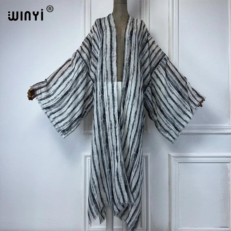 WINYI Kimono Women Summer Black and white bronzing print cardigan Female kaftan abaya dubai luxury beach Cover Up boho dress