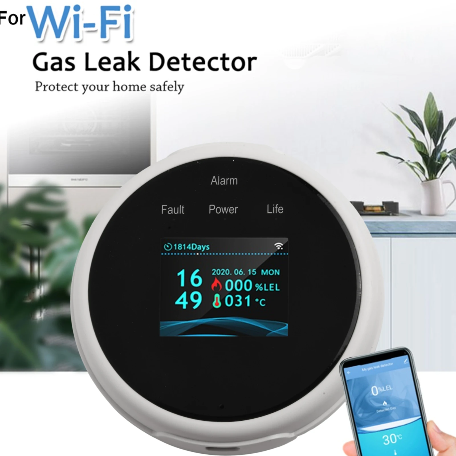 

For Tuya Wifi Leak With Temperature Function Combustible Gas Detector Supports Home Smart Gas Alarm Sensor LCD Display