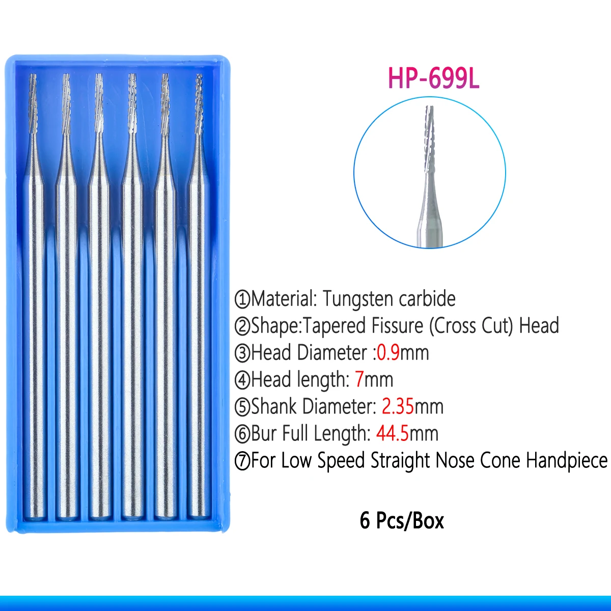 6Pcs/Box Dental Tungsten Carbide Burs Tapered Fissure Cross Cut Head HP Series 2.35mm For Low Speed Straight Nose Cone Handpiece