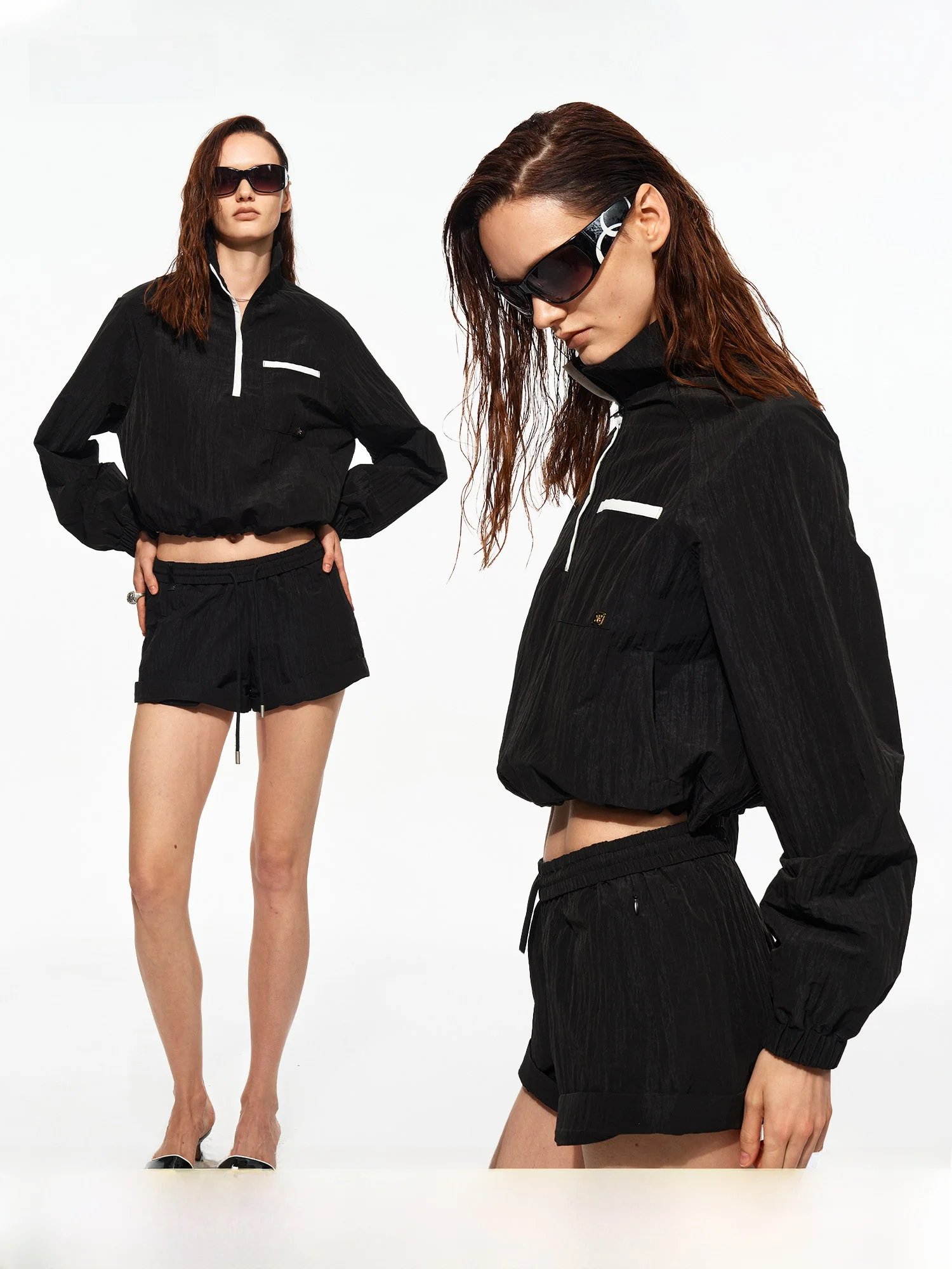 PRRP Airy Texture Stand Collar Half Open Front Sun Protection Top with Cuffed Shorts Women's Fashion Summer Spring Set
