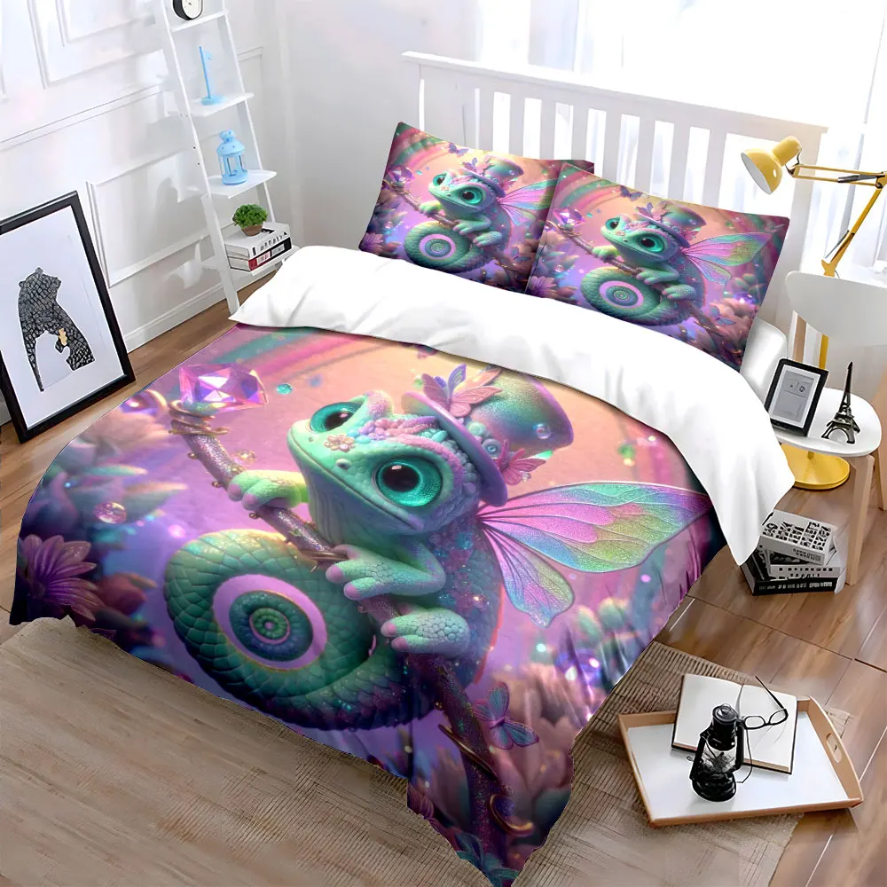 Fantasy Chameleon with Magical Gem Print Bedding Set 1 Duvet Cover 2 Pillowcases for Adult and Children Luxury Gift Full Size