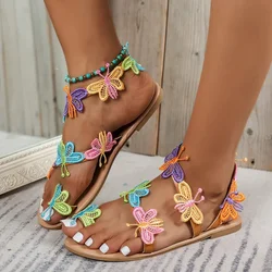 Letnie sandały damskie haftowany pasek motyla moda kobieta buty na plażę damskie płaskie obcasy Peep Toe platforma Hollow sandał