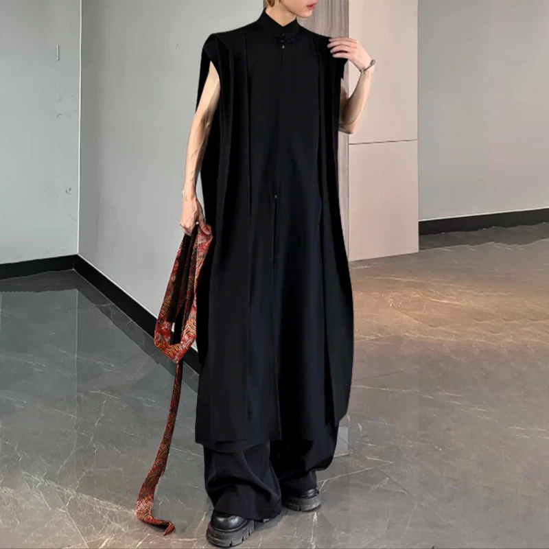 

INCERUN Men Shirt Printing Patchwork Stand Collar Sleeveless Long Style Irregular Shirts Streetwear Fashion Casual Men Clothing