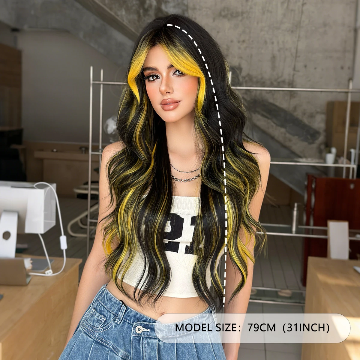 NAMM Halloween Cosplay Wig Synthetic Body Wave Black Wigs Highlight Yellow Wig for Women Party Loose Middle Part Hair Wig