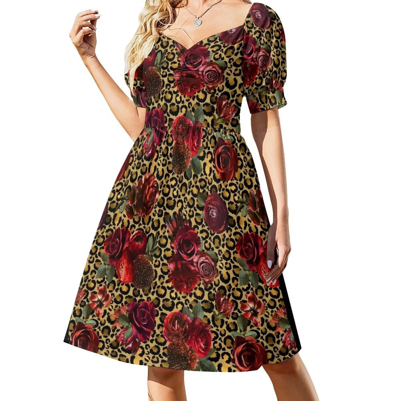 

Red Roses on Leopard Short-Sleeved Dress women party dresses sexy short dresses daring long dress women