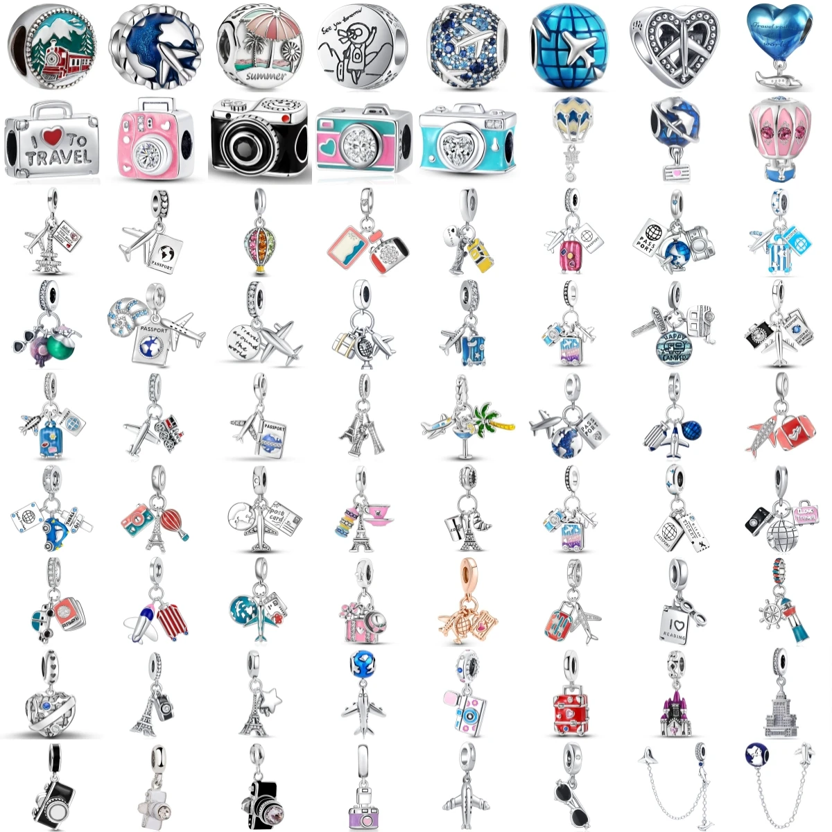 925 Sterling Silver Travel Series Charms Airplane Camera Suitcase Globe Eiffel Tower Beads DIY Women Vacation Jewelry Gift