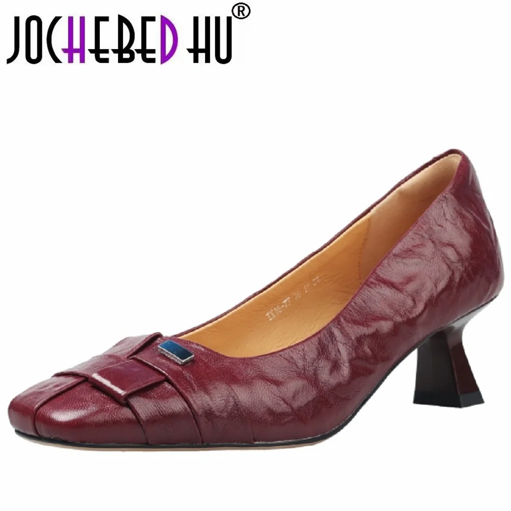 【JOCHEBED HU】Women's Handmade Genuine Leather Commute Comfortable Single Square Head Mid Heel Shoes