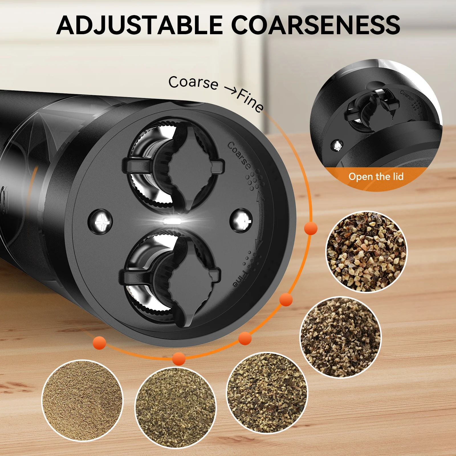 Rechargeable Pepper Grinder, LED Light, Adjustable Coarseness, Designed for One-Handed Cooking, Suitable for Home and Kitchen view 4