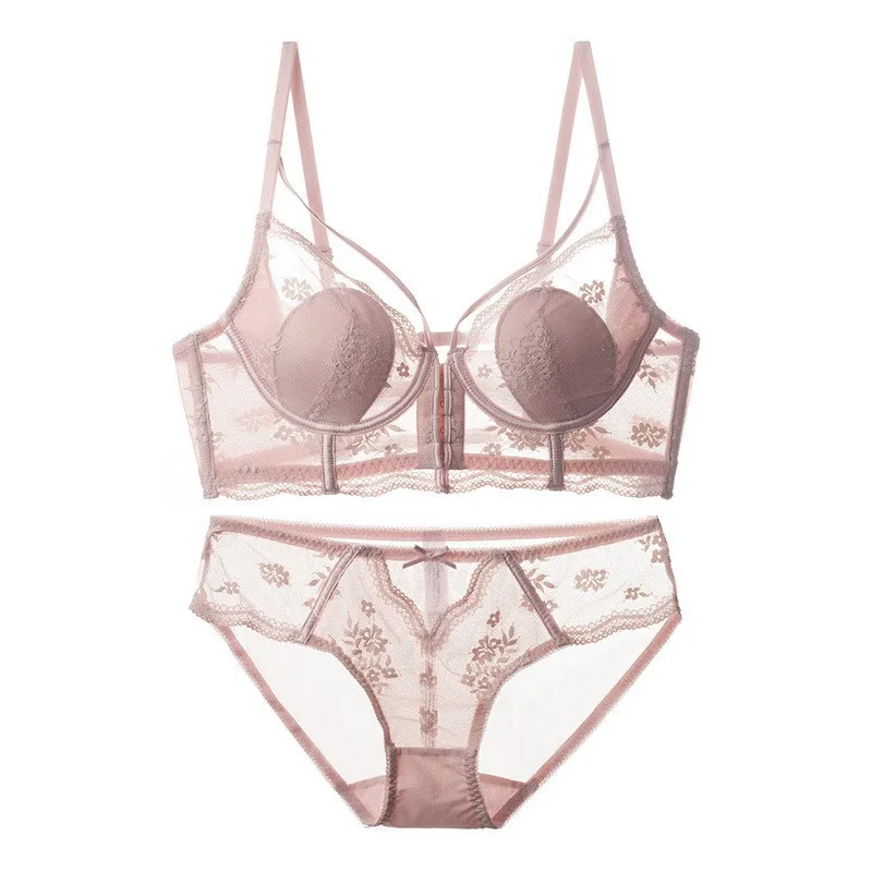 

French Underwear Female Sexy Thin Rabbit Ear Cup Front Buckle Beautiful Back Underwear Big Chest Small Anti-sagging Bra Set New