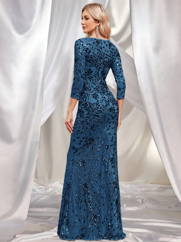 XUIBOL Luxury Blue Sequins Evening Dress Women 2024 Mermaid Formal V-neck Prom Elegant Long sleeve Wedding Party Cocktail Gowns