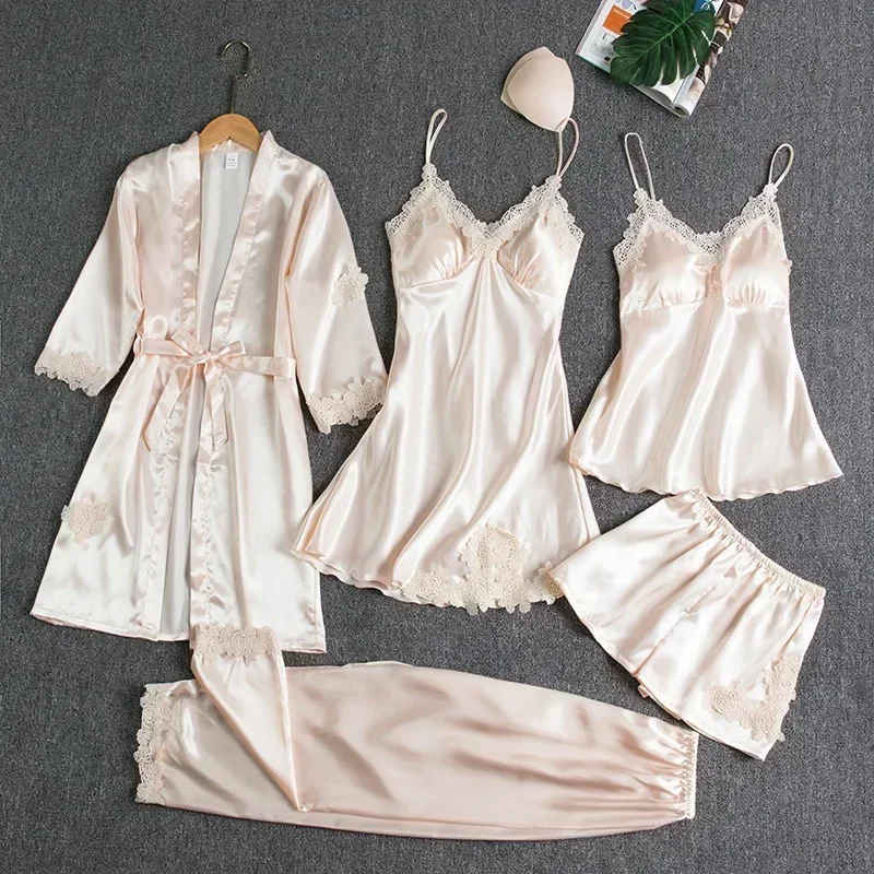 Pajama Set Women Lace Trim Satin Sleepwear Pyjamas  Summer Nightwear with Pants Casual Home Wear Kimono Robe Gown lenceria