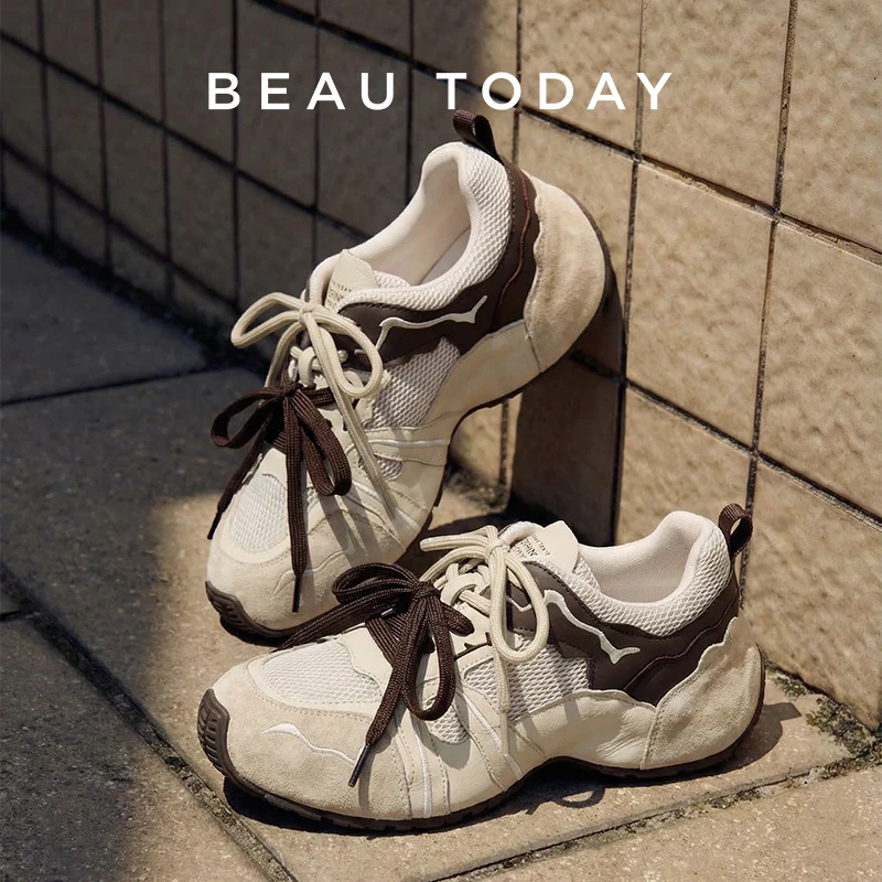 BEAUTODAY Chunky Sneakers Women Suede Leather Double Shoelaces Mixed Colors Trainers Lace-up Casual Laides Shoes Handmade 29655