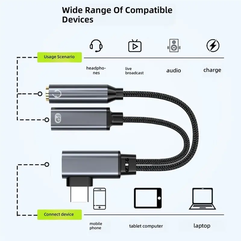 Leading-OTG Data Cable 90 Degree 2 In 1 USB Type C To 3.5MM Jack Adapter PD 60W Charging Microphone Audio Cable 16 Bit 4