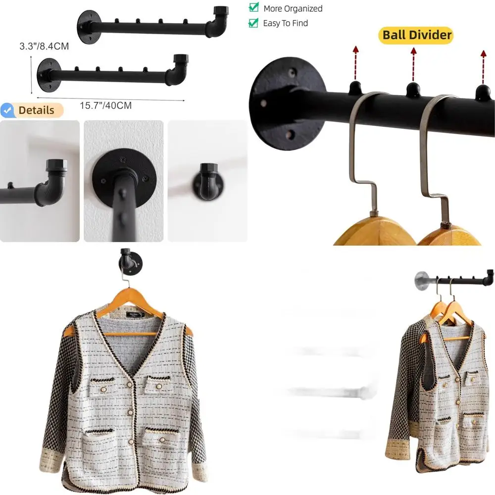 

Heavy-Duty Metal Wall-Mounted Pipe Clothes Bar with 6 Hooks for Coats and Garments