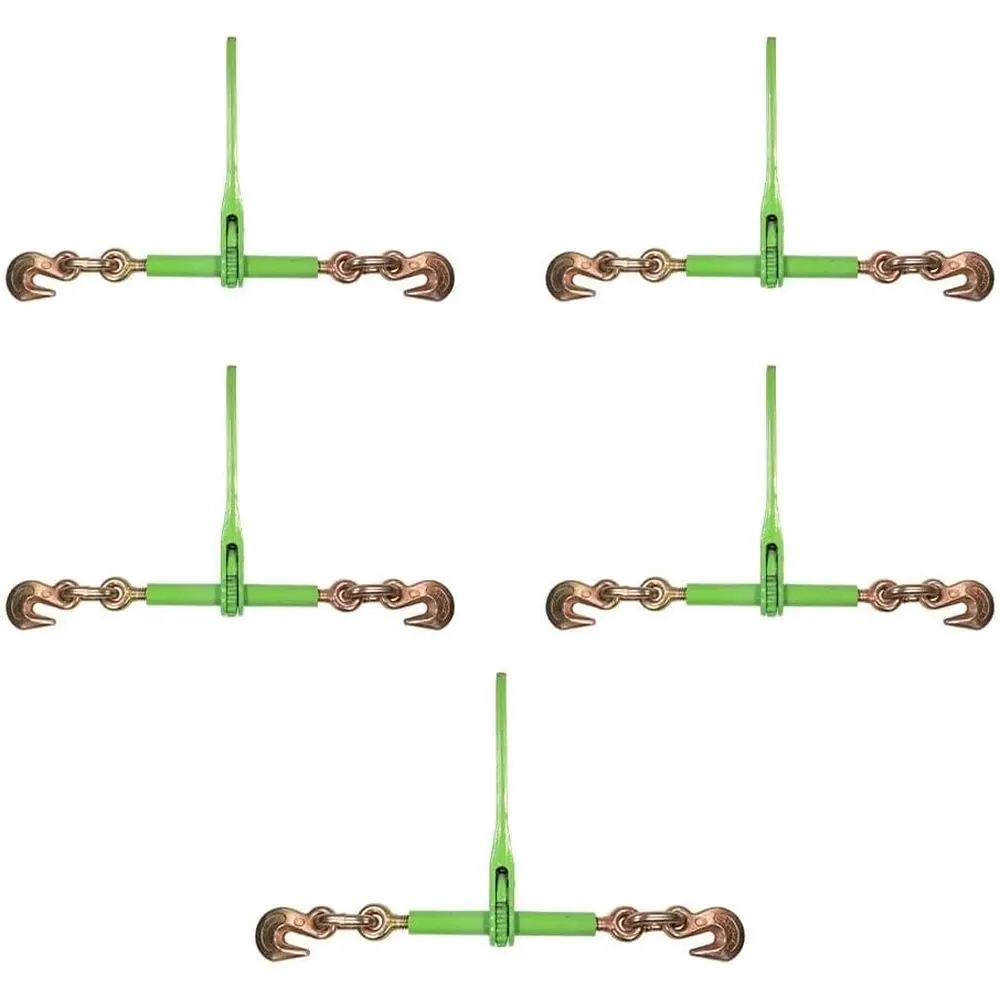 5 Pack 3/8 to 1/2 High-Visibility Green Ratchet Load Binders with Hooks - 9,200 lbs Capacity for Heavy-Duty Hauling