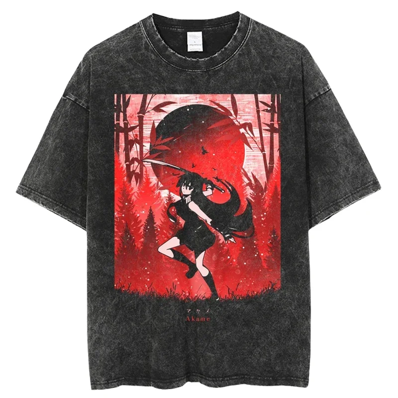 Punk Akame Ga Kill Anime Washed T-shirt Cartoon Print Short Sleeve T Shirt Harajuku Cartoon Summer