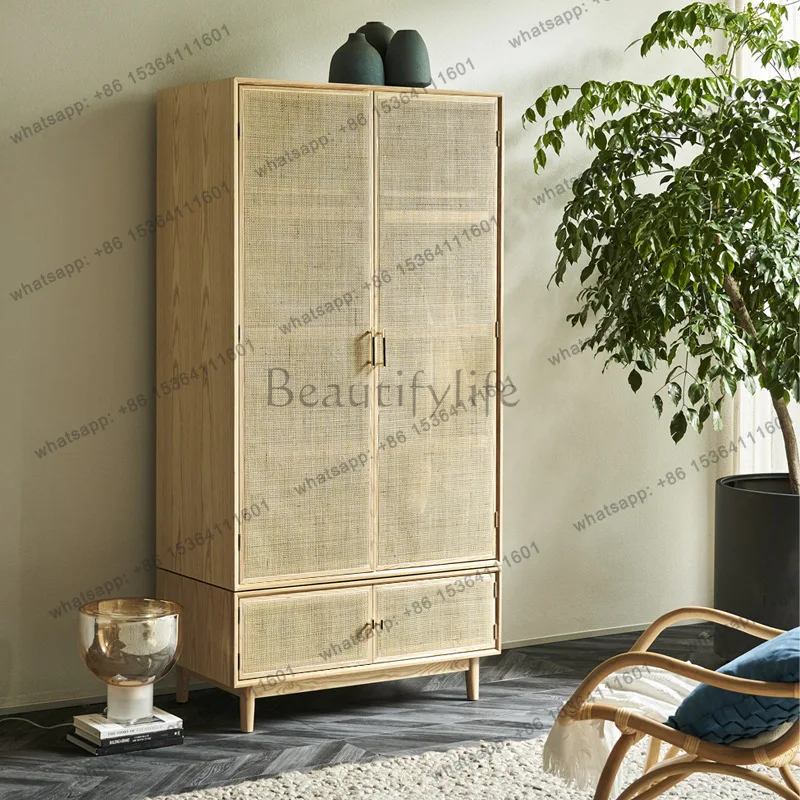 Nordic sliding door wardrobe simple modern solid wood creative rattan storage cabinet