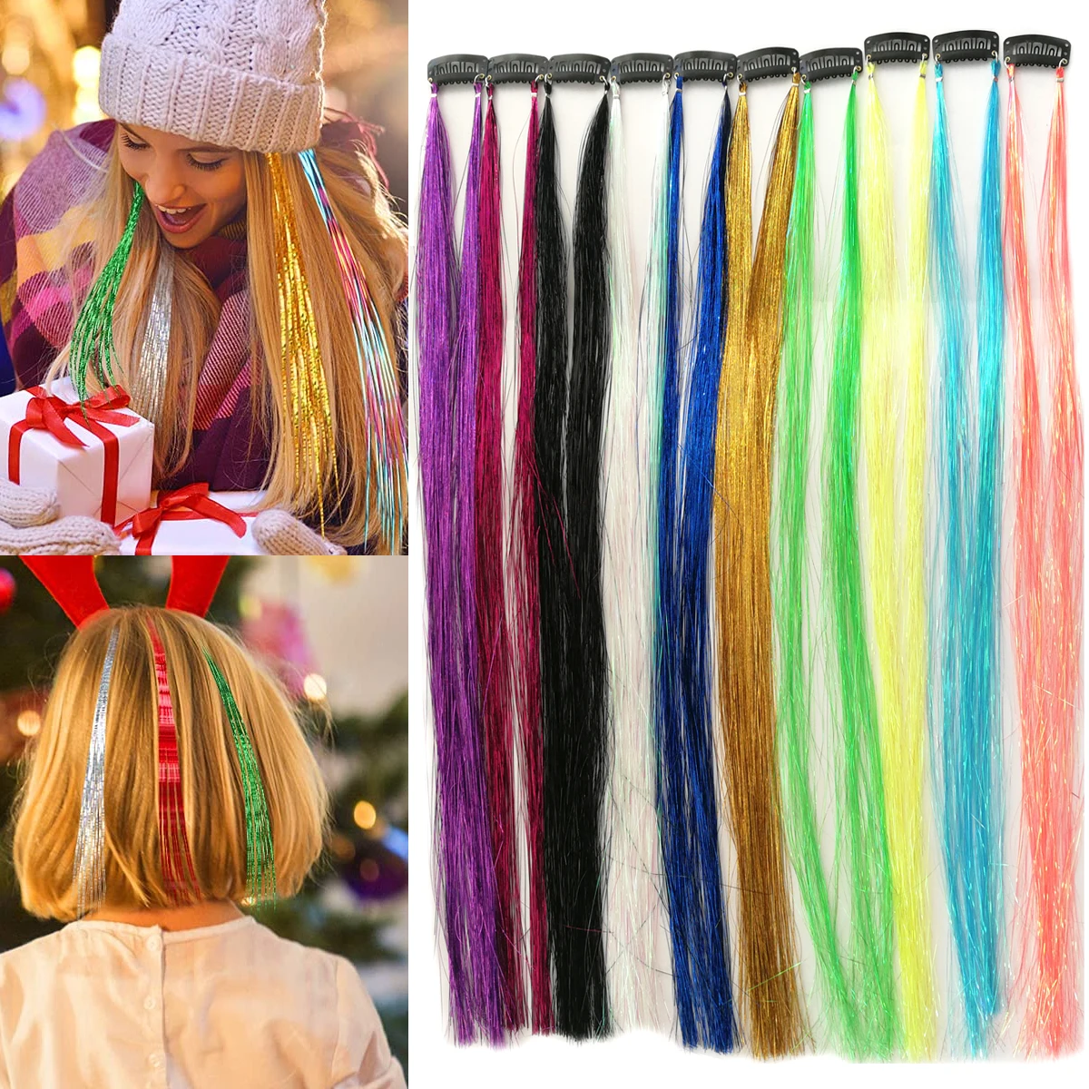 Sparkle Hair Tinsel Clips Rainbow Colored Strands Girls Headwear Hairbinge Hair Laser False Hair Extensions Decor Glitter Strips