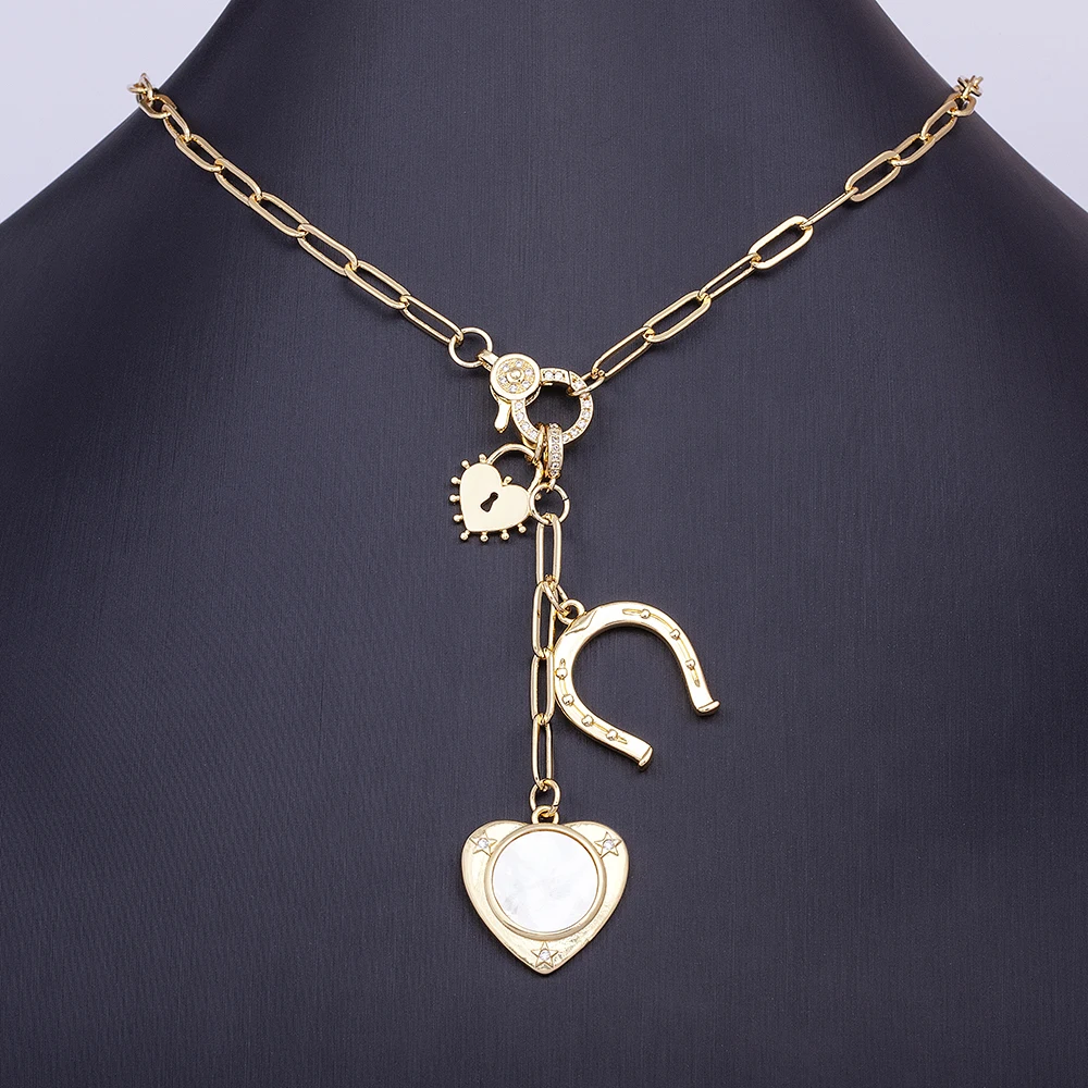 Nidin Romantic Heart Shape Inlaid Shell Pendant Fashion Geometric Zircon Necklace Women's Elegant Temperament Jewelry Party Gift