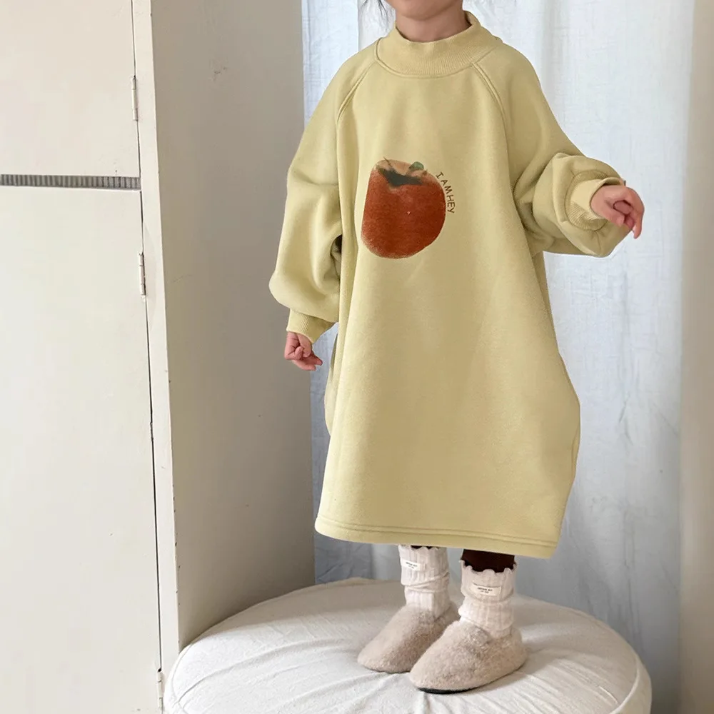 Girls Skirts 2024 Winter New Childrens Wear Korean Style Girl Baby Foreign Fruit Half High Neck Plus Cashmere Sweater Dress