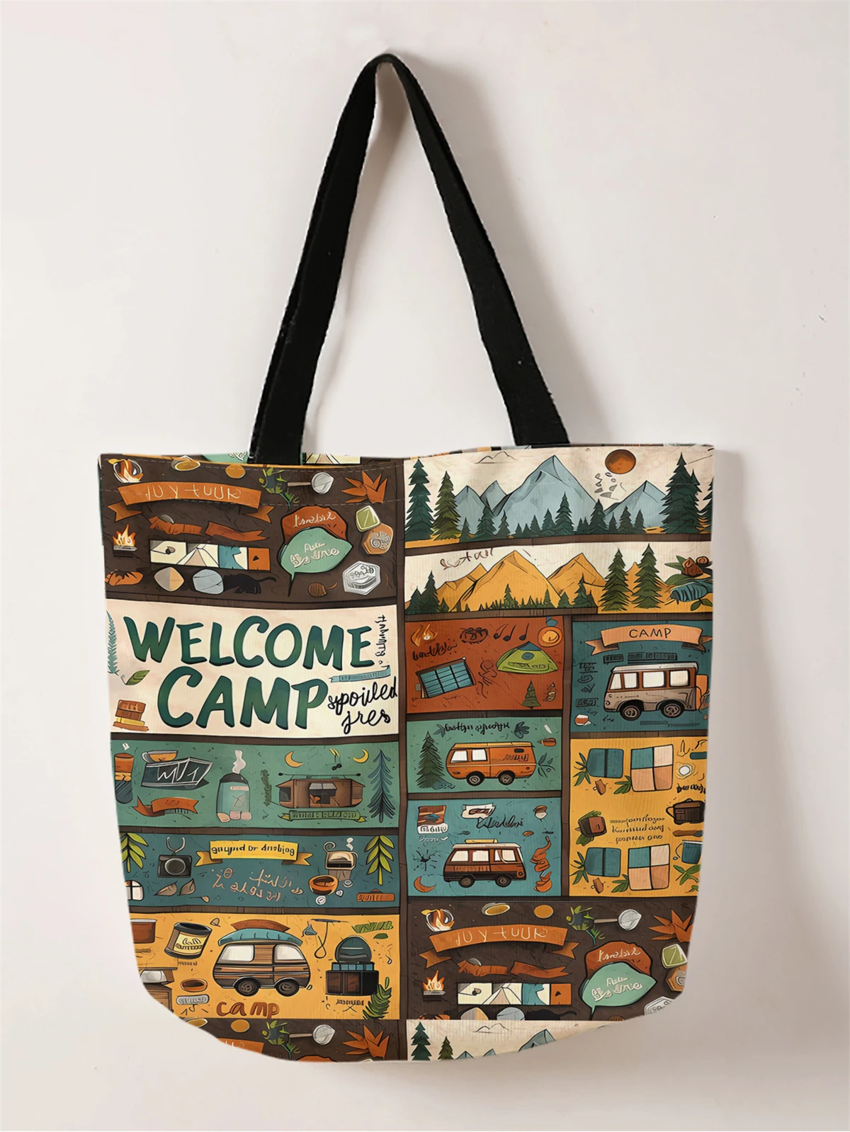 1pc,puzzle illustration style handbag, reusable fashionable handbag, multifunctional handbag, printed canvas shopping bag