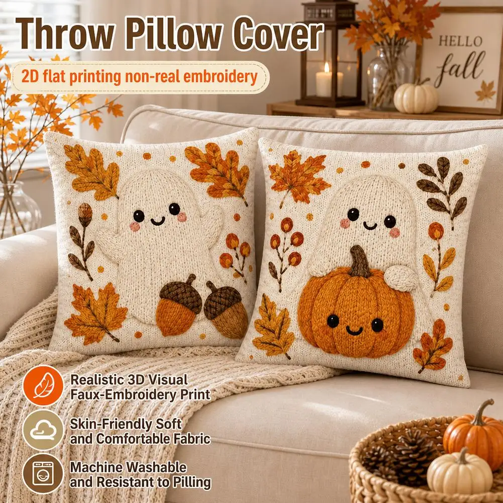 2PCS Embroidery Style Ghost Pumpkin Print Pillow Covers Cute Halloween Fall Decorative Throw Pillow Sofa Couch Home Decor