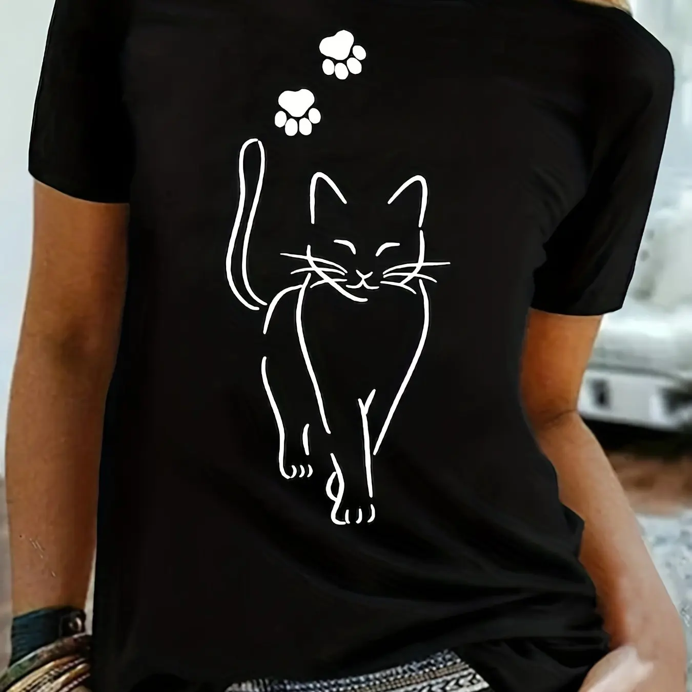 

Cute Cat Paw Cute Cartoon Cat Footprint Trendy Summer Casual Crew Neck Short Sleeve T-Shirt Men's and Women's Tops