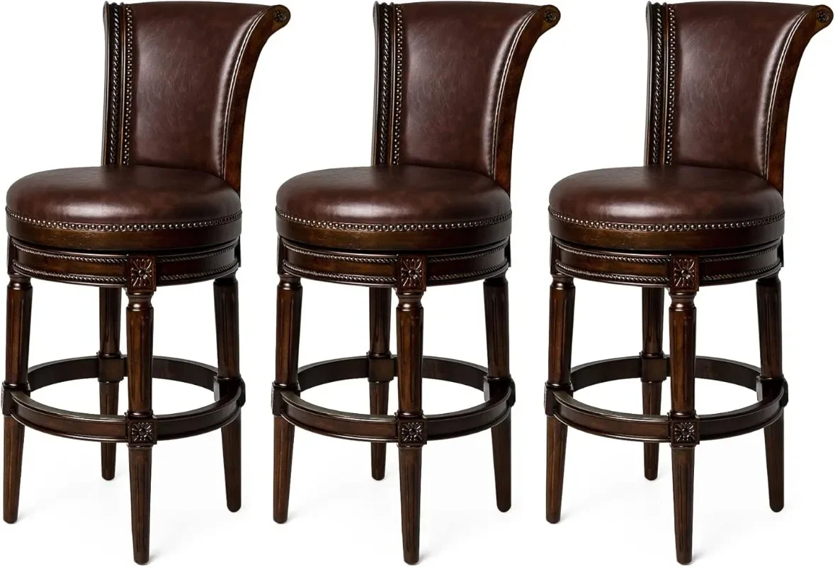 

Pullman 31 Inch Tall Bar Height Upholstered Barstool with Back Dark Walnut Finish Vegan Leather Cushion Seat Set of 3