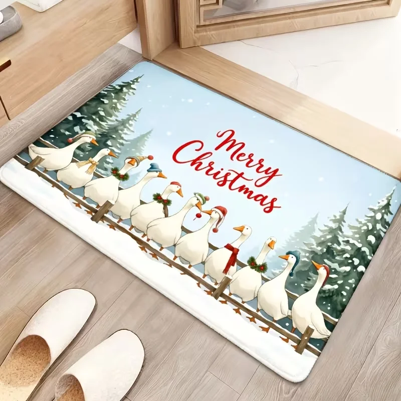 Merry Christmas Goose Family Decorative Doormat Snow Winter Pine Tree Pattern Floor Rug Indoor Entrance Holiday Mat for Entryway