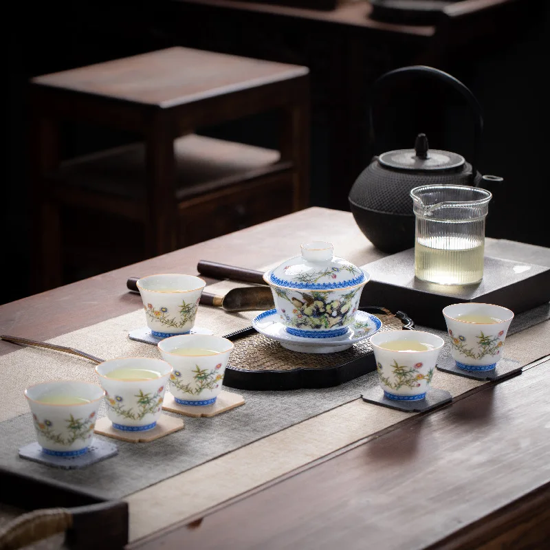 Jingdezhen Porcelain Set Gift Four Hours like Spring Making Teaware Household Combination Tureen Pitcher