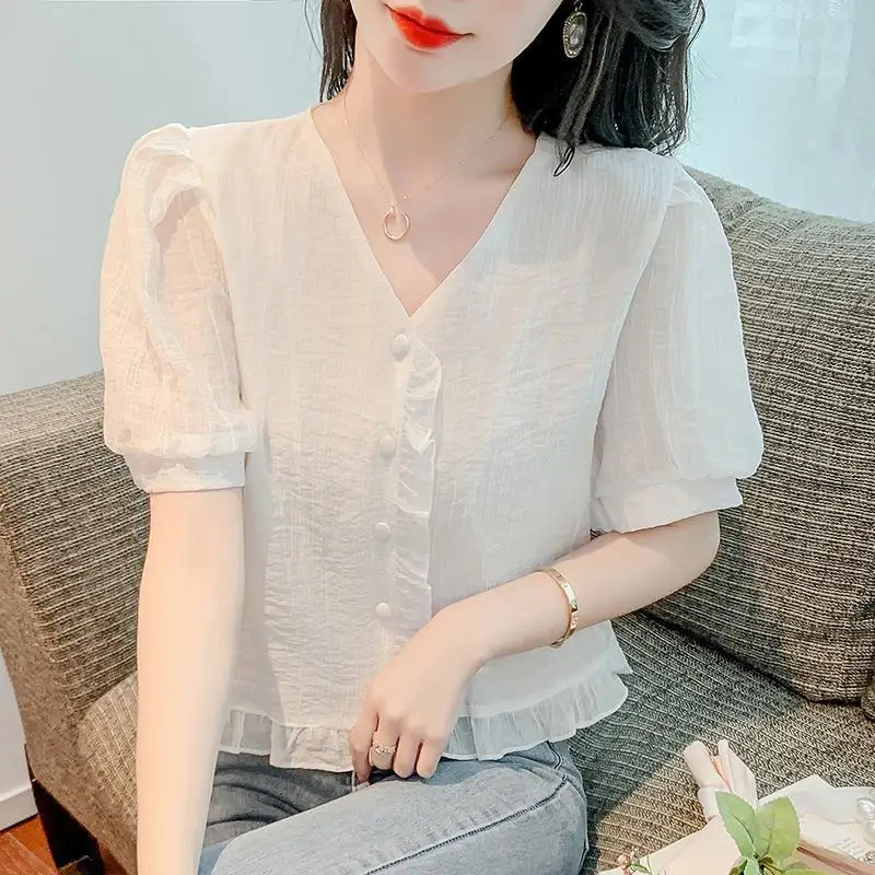 Elegant V-Neck Solid Color Spliced Ruffles Puff Sleeve Shirt Women\'s Clothing 2023 Spring New Casual Tops All-match Sweet Blouse