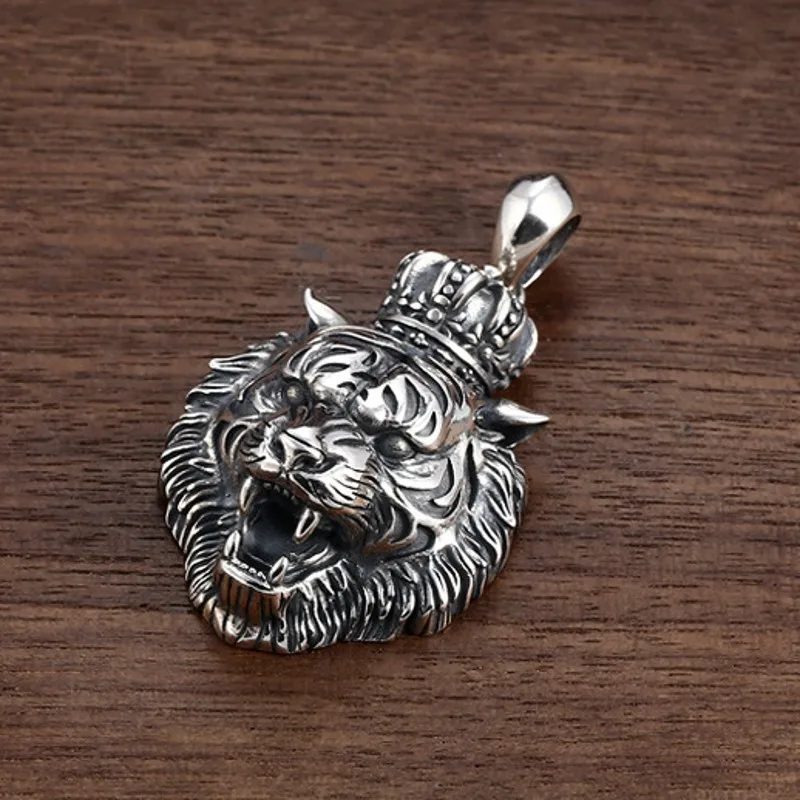 BOCAI  New Pure S925 Silver Jewelry Crown Tiger Head Pendant Thai Retro Trendy Personality Man Ring Valentine's Day Gifts