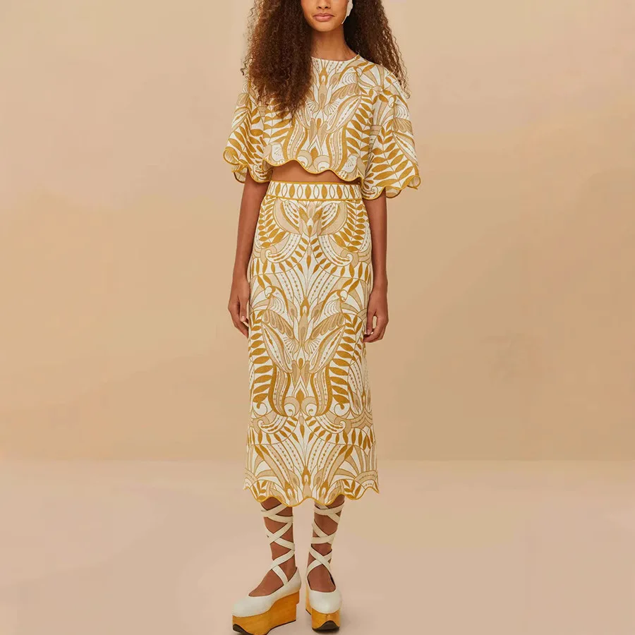 Print Two Piece Skirt Sets Women Half Sleeve Short Tops Round Neck Slim Fit Long Skirts Casual Elegant Elastic Waist Lady