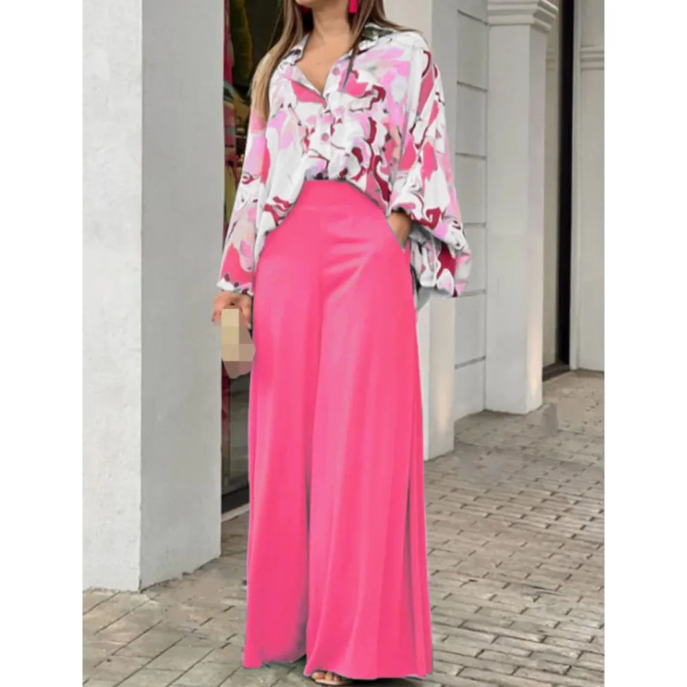 Spring Autumn New Women\'s Fashion Printed Single Breasted Shirt Solid Color Pants Casual Comfort Two Piece Set