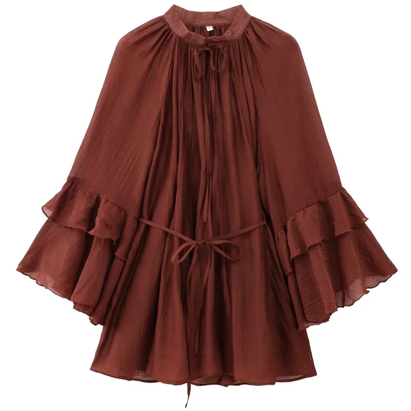 Hxao vestidos femininos com babados, verão 2025, laranja, renda, vestidos curtos, mini camadas, gola redonda, manga comprida, vestidos casuais 066