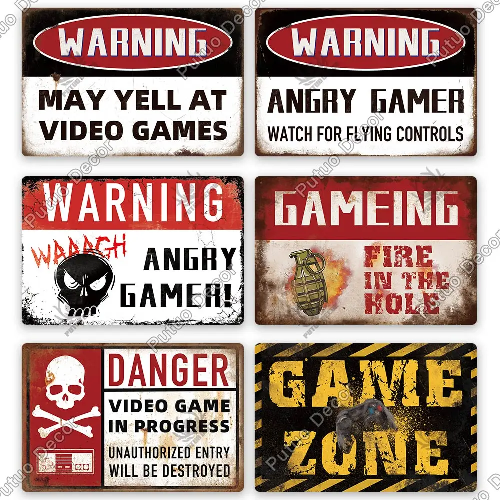 Putuo Decor Funny Gamer Metal Signs Vintage Tin Sign Gamer At Work Retro Signs for Home House Club Game Room Man Cave Wall Decor