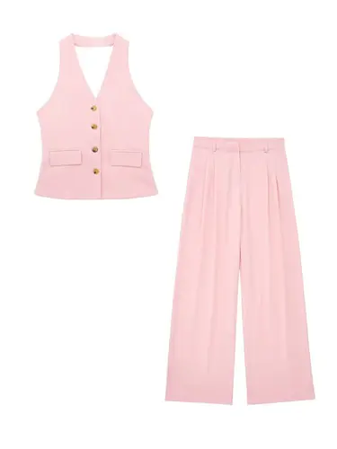 Imagen 2 del producto HH Conjunto de 2 piezas para mujer, cuello halter, bolsillo de un solo pecho, sin mangas, chaleco halter, tops + cintura alta, bolsillos con cremallera, pantalón de pierna ancha