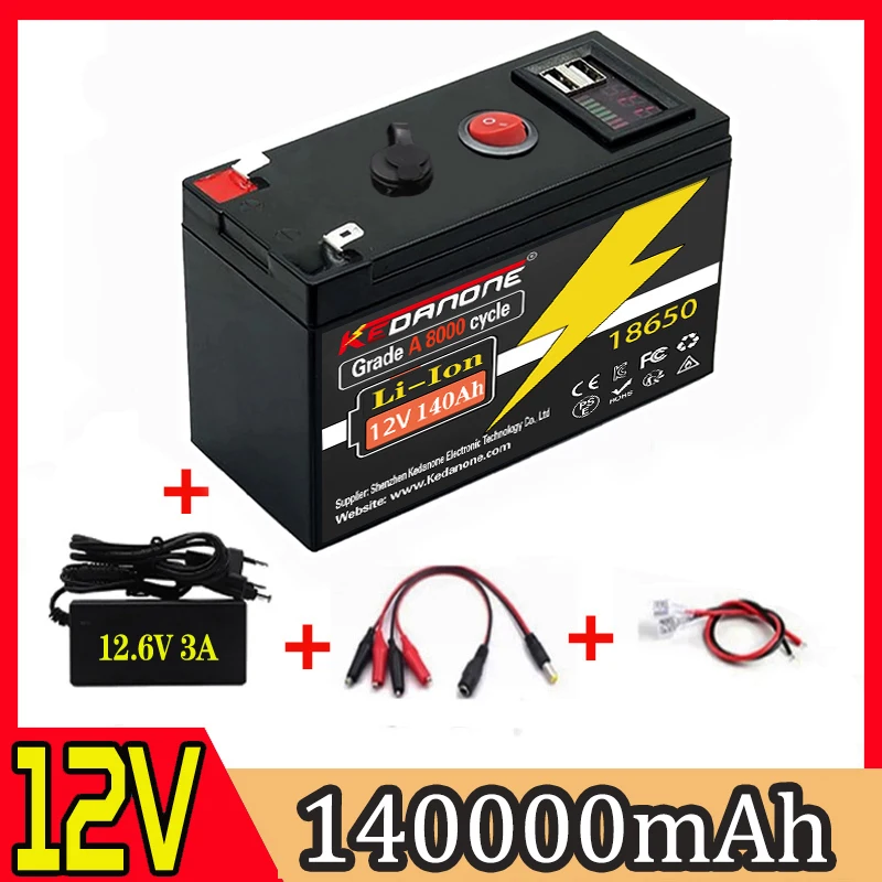

12V Battery 140Ah 18650 lithium battery pack Rechargeable battery for solar energy electric vehicle battery+12.6v3A charger