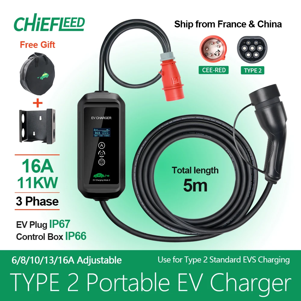 Chiefleed EV Charger 16A 11KW Type 2 IEC-62169 Adjust Current Timer Charging For Hybrid Eletric Vehicle Cars With Plug 5M Cabble