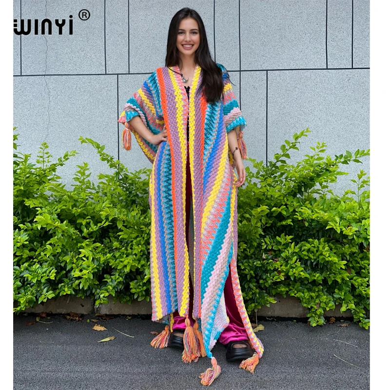 WINYI African woman Winter tassel Knitted cardigan down coats Christmas Fashion hipster party dress Thick Warm Female outerwears