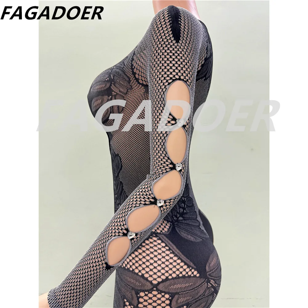 FAGADOER Moda Kalın Dantel Esneklik Bodycon Tulumlar Kadınlar Uzun Kollu Tek Parça Tulum Kadın Ince Clubwear See Through