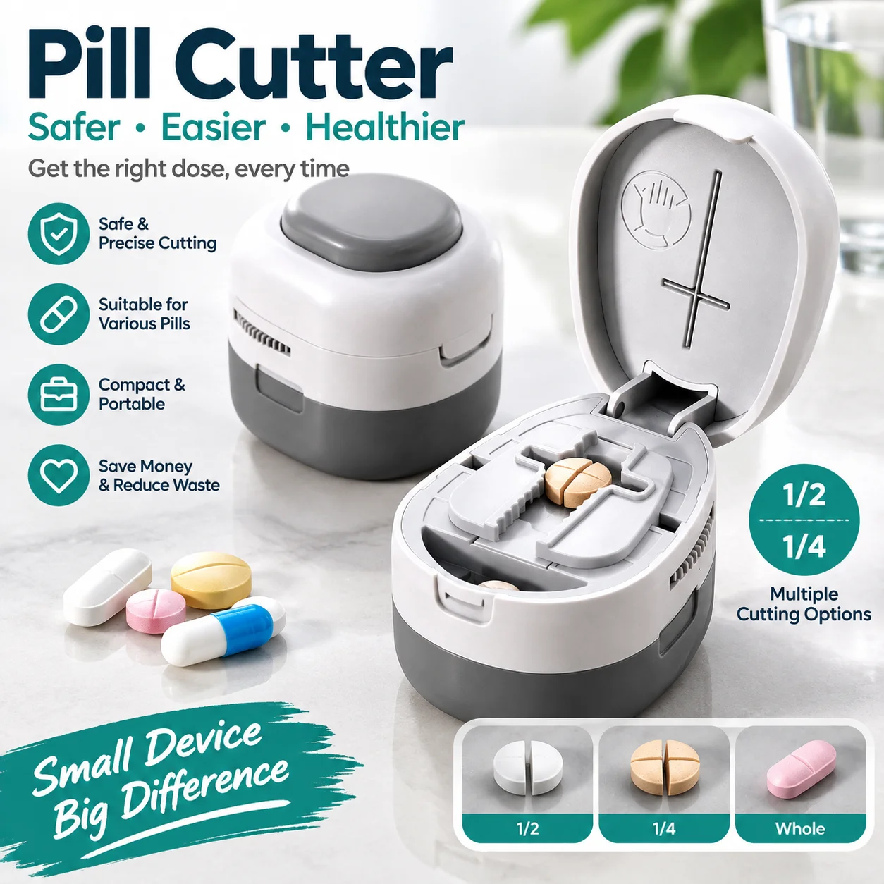2 in 1 Pill Cutter Splitter 1/2 1/4 Tablet Cutter Portable Pill Box Medicine Dispenser Storage Case for Travel Pocket Household