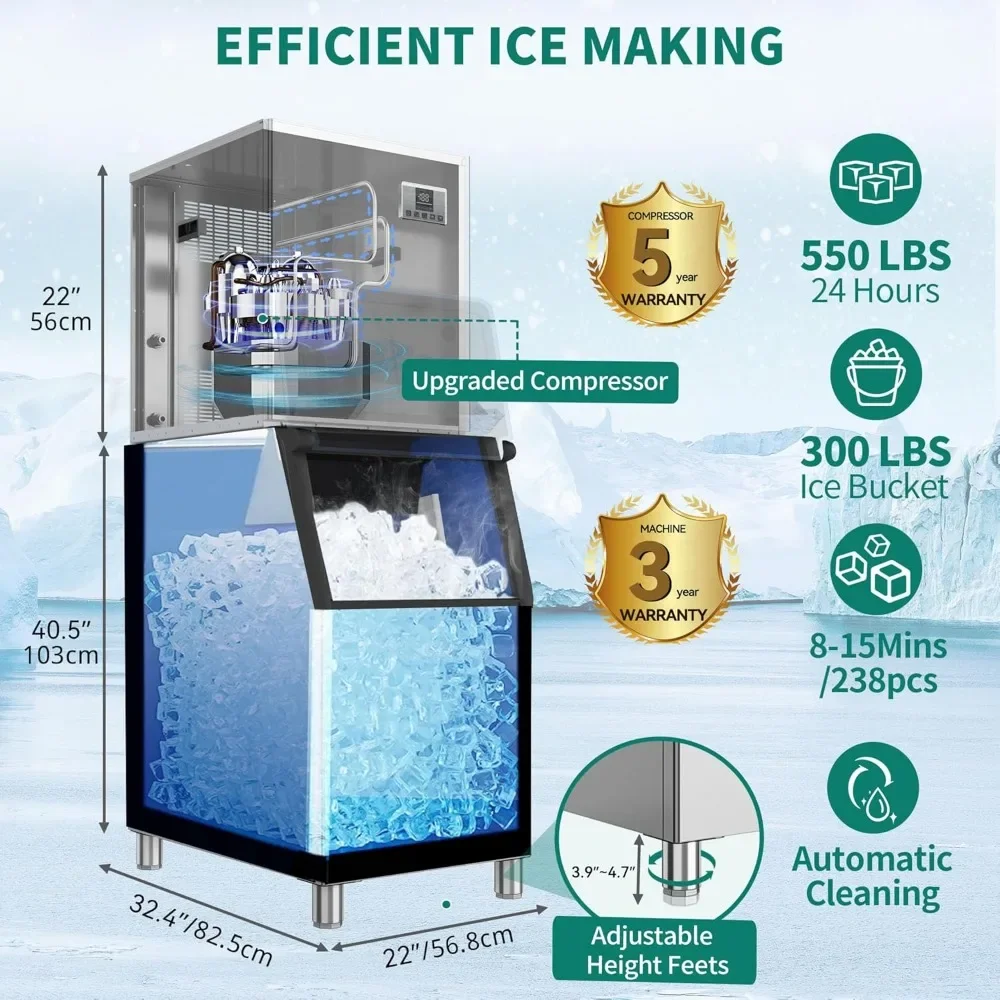 Cubo de almacenamiento de acero inoxidable autolimpiante, máquina de hielo Industrial con cuchara de hielo, cubo de hielo y manguera de conexión, 550lbs/24H,300lbs