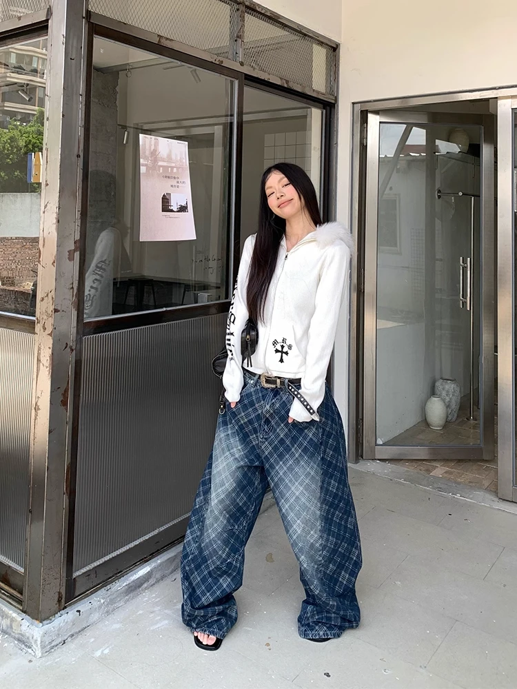 ReddaChic オーバーサイズ ブルー ジーンズ レタープリント ワイドレッグ ストレート デニムパンツ チェック柄 ファッション 秋 カジュアルウェア ロングパンツ