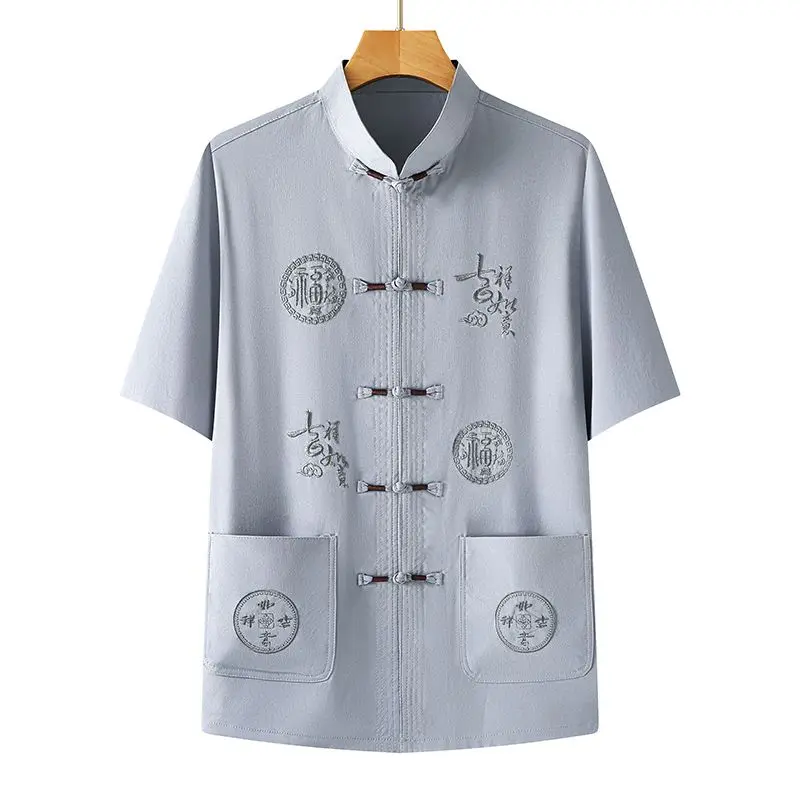 

Мужская летняя одежда для пожилых людей среднего возраста, летняя одежда с короткими рукавами для пожилых людей, хлопково-льняной топ в китайском стиле, рубашка для папы, тонкий стиль
